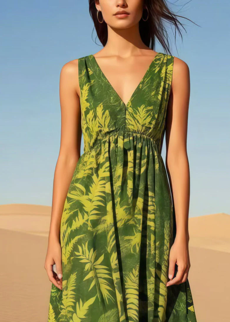 Elegant Tea Green V Neck Print Cotton Cami Dresses Summer - Image 2