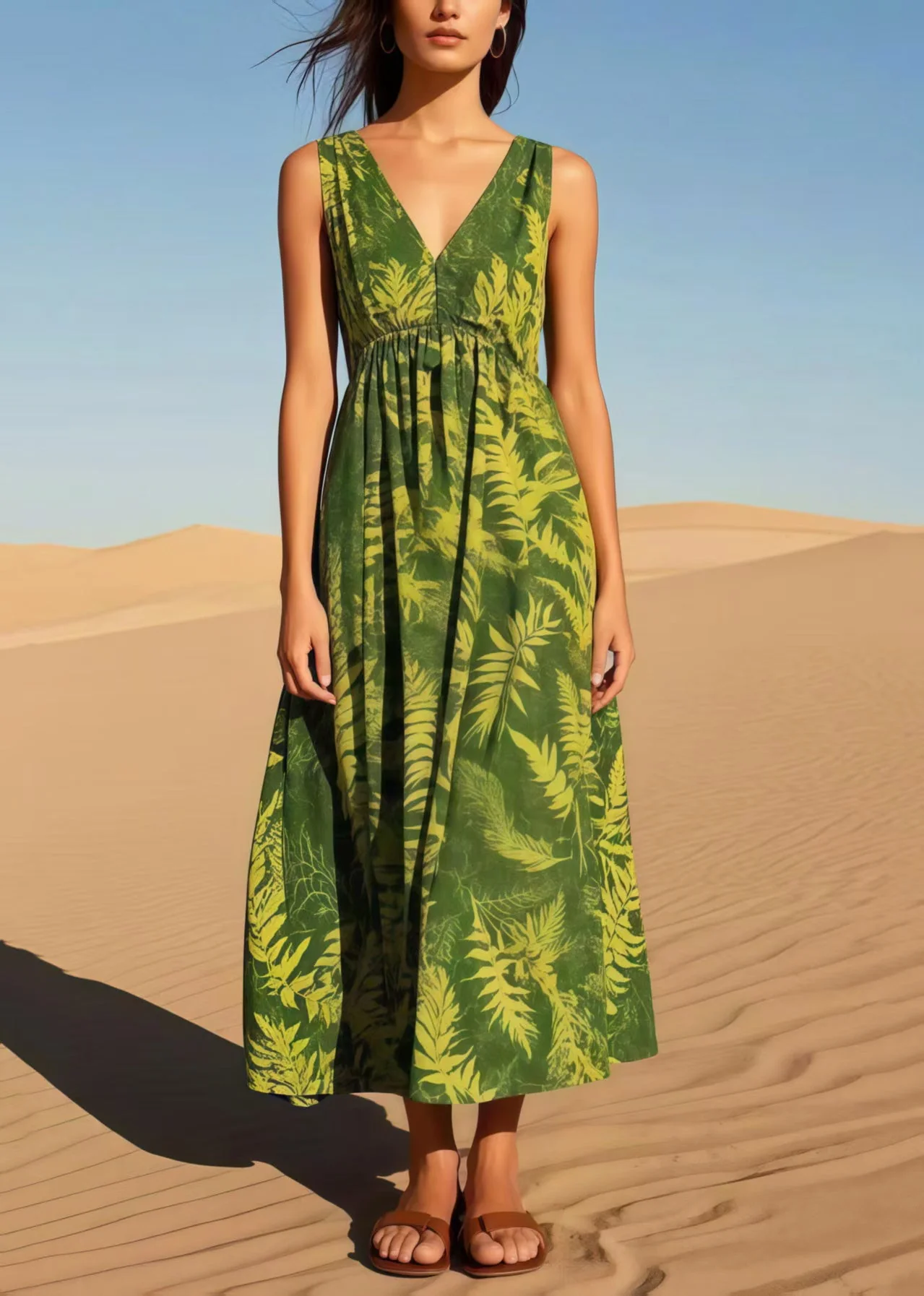 Elegant Tea Green V Neck Print Cotton Cami Dresses Summer - Image 3