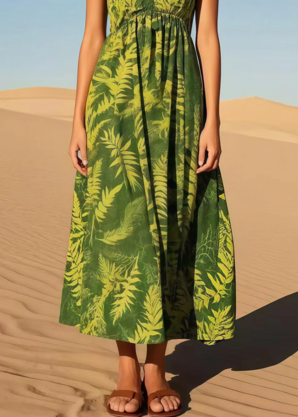 Elegant Tea Green V Neck Print Cotton Cami Dresses Summer - Image 4