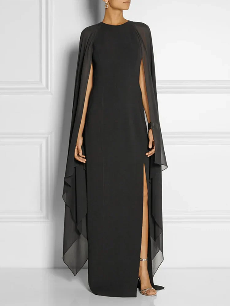 Elegant Thigh Split Hem Cloak Sleeve Maxi Dress - Image 2