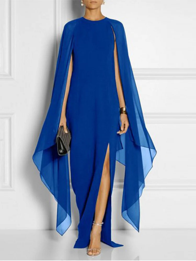 Elegant Thigh Split Hem Cloak Sleeve Maxi Dress - Image 3