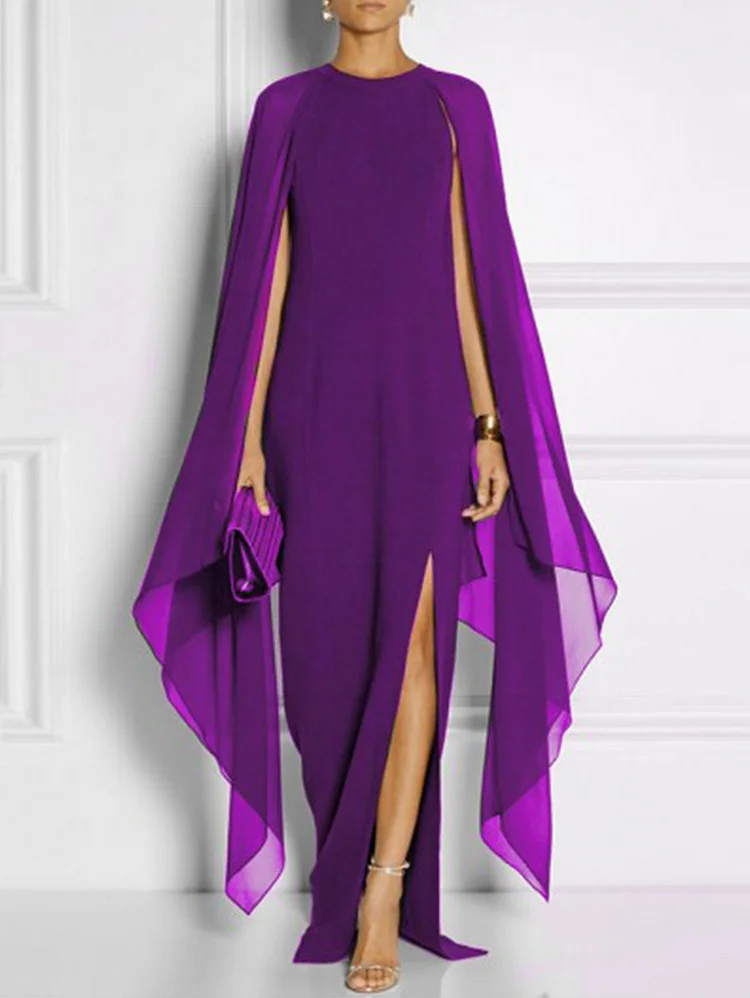 Elegant Thigh Split Hem Cloak Sleeve Maxi Dress - Image 4