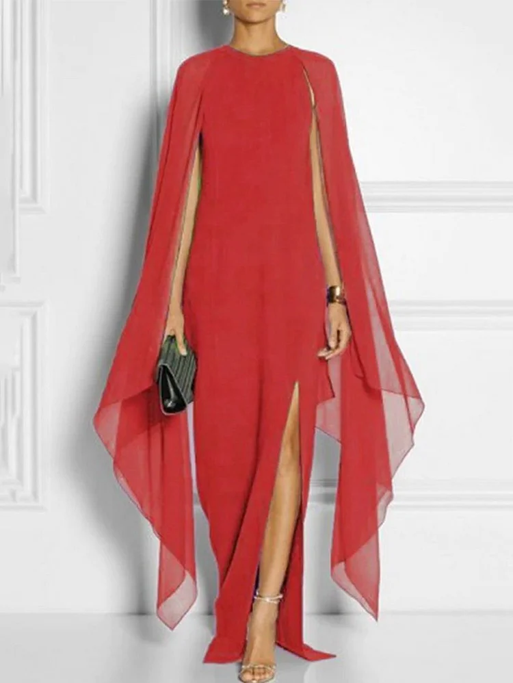 Elegant Thigh Split Hem Cloak Sleeve Maxi Dress - Image 5