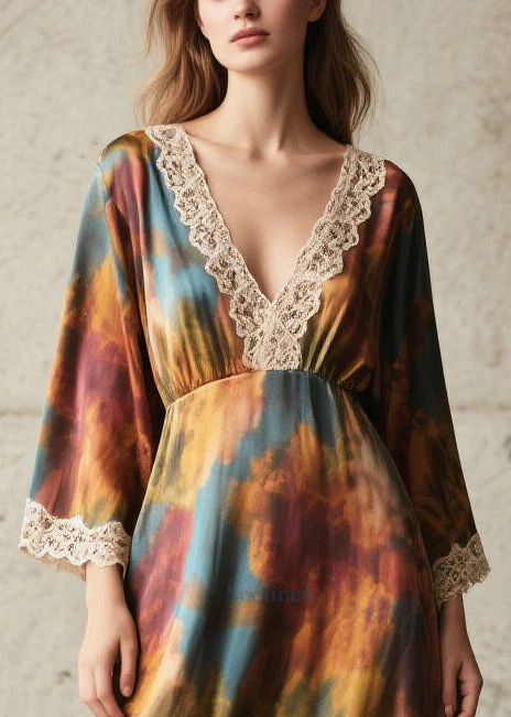 Elegant Tie Dye Lace Patchwork Chiffon Robe Dresses Fall - Image 2