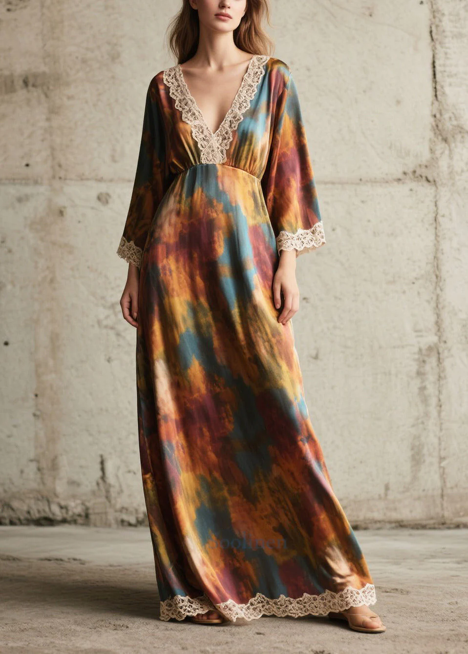 Elegant Tie Dye Lace Patchwork Chiffon Robe Dresses Fall - Image 3
