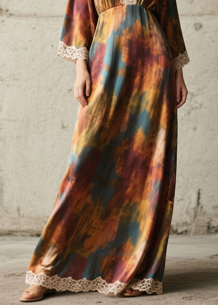 Elegant Tie Dye Lace Patchwork Chiffon Robe Dresses Fall - Image 4