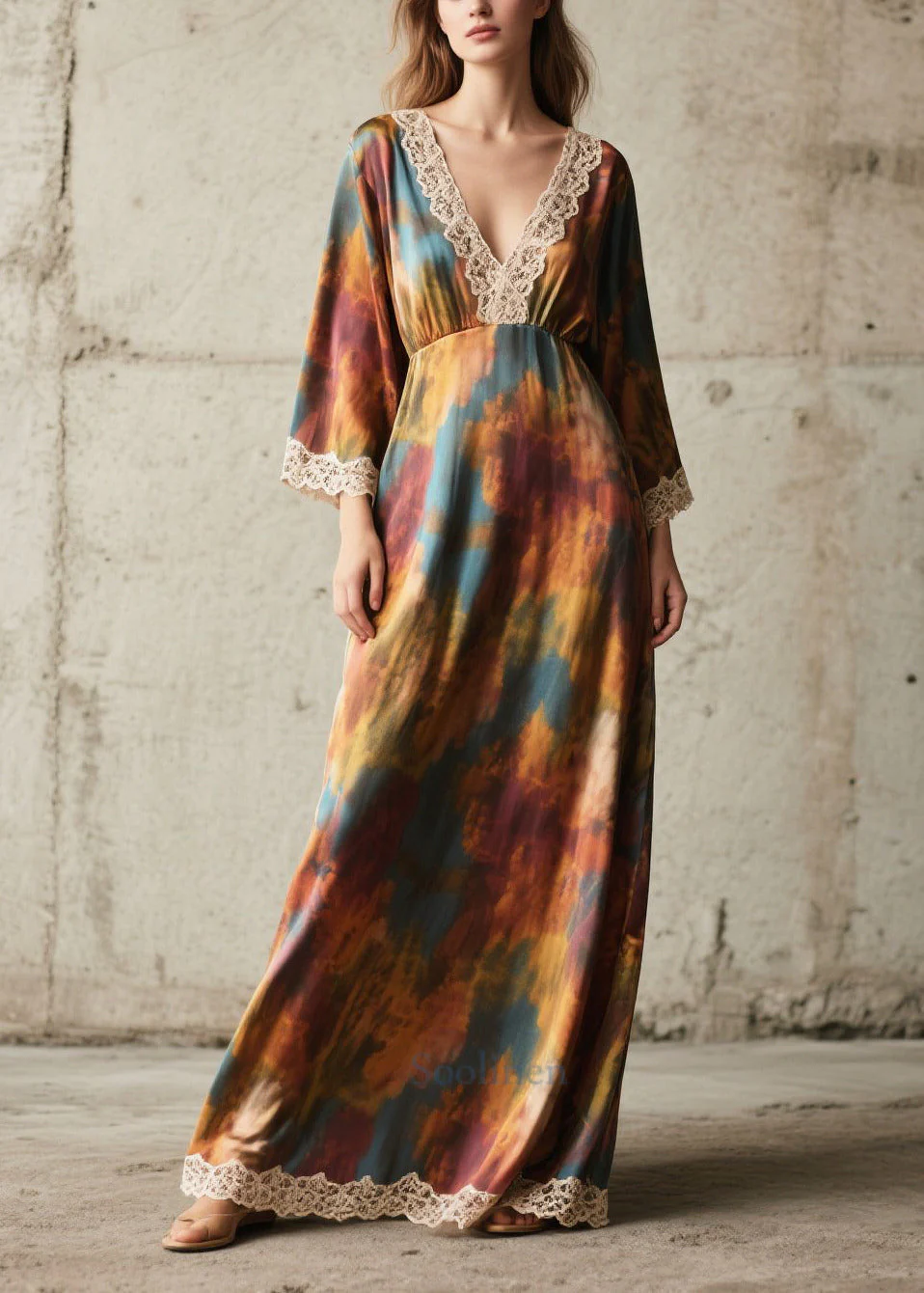 Elegant Tie Dye Lace Patchwork Chiffon Robe Dresses Fall - Image 5