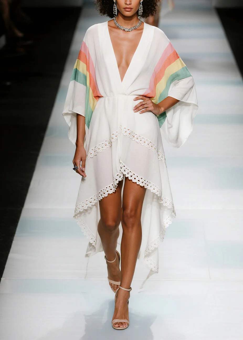 Elegant V Neck Asymmetrical Design Patchwork Cotton Dresses Summer - Image 5