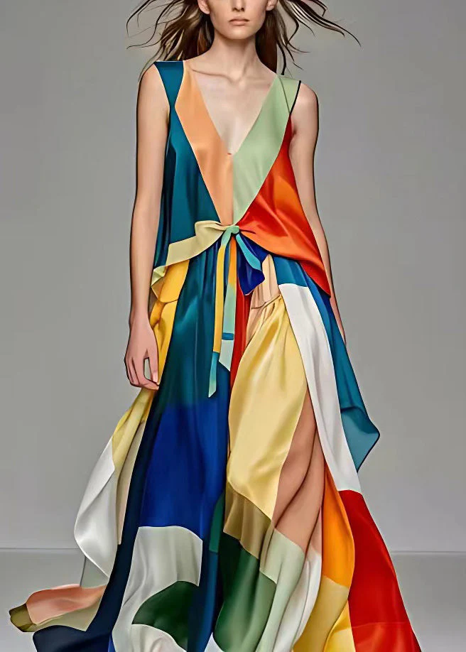 Elegant V Neck Lace Up Patchwork Silk Long Dresses Sleeveless - Image 2