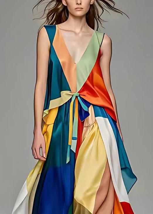 Elegant V Neck Lace Up Patchwork Silk Long Dresses Sleeveless - Image 3