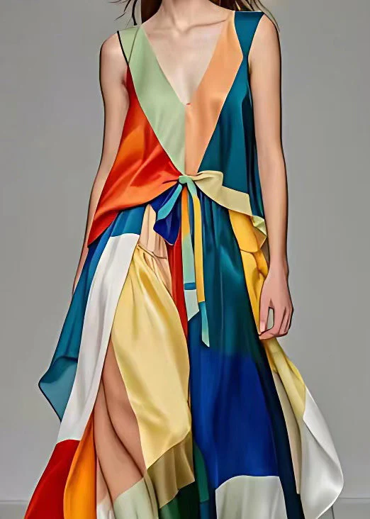 Elegant V Neck Lace Up Patchwork Silk Long Dresses Sleeveless - Image 4