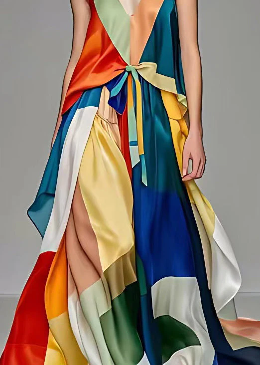 Elegant V Neck Lace Up Patchwork Silk Long Dresses Sleeveless - Image 5