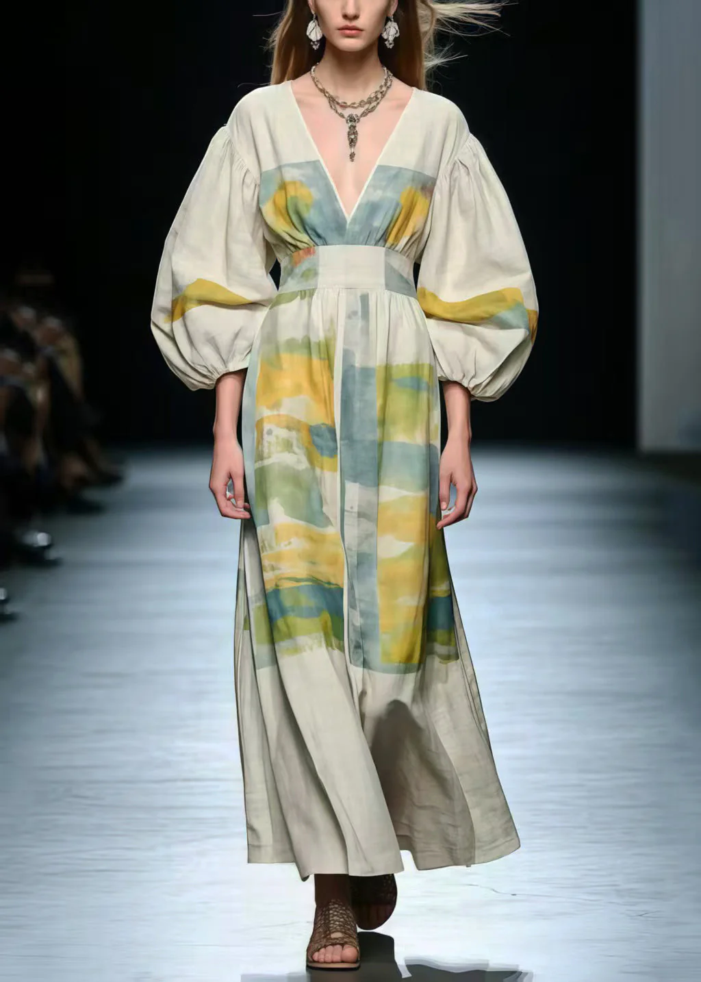 Elegant V Neck Print Cotton Long Dress Lantern Sleeve - Image 3