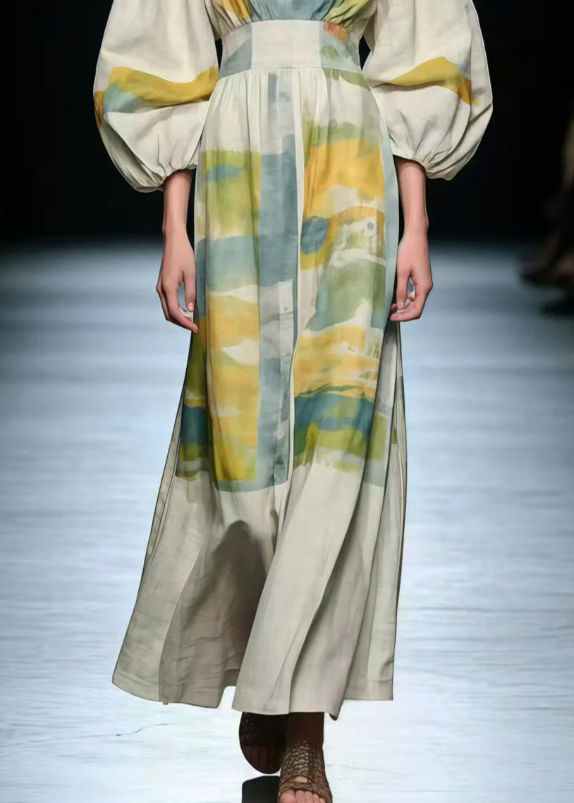 Elegant V Neck Print Cotton Long Dress Lantern Sleeve - Image 4