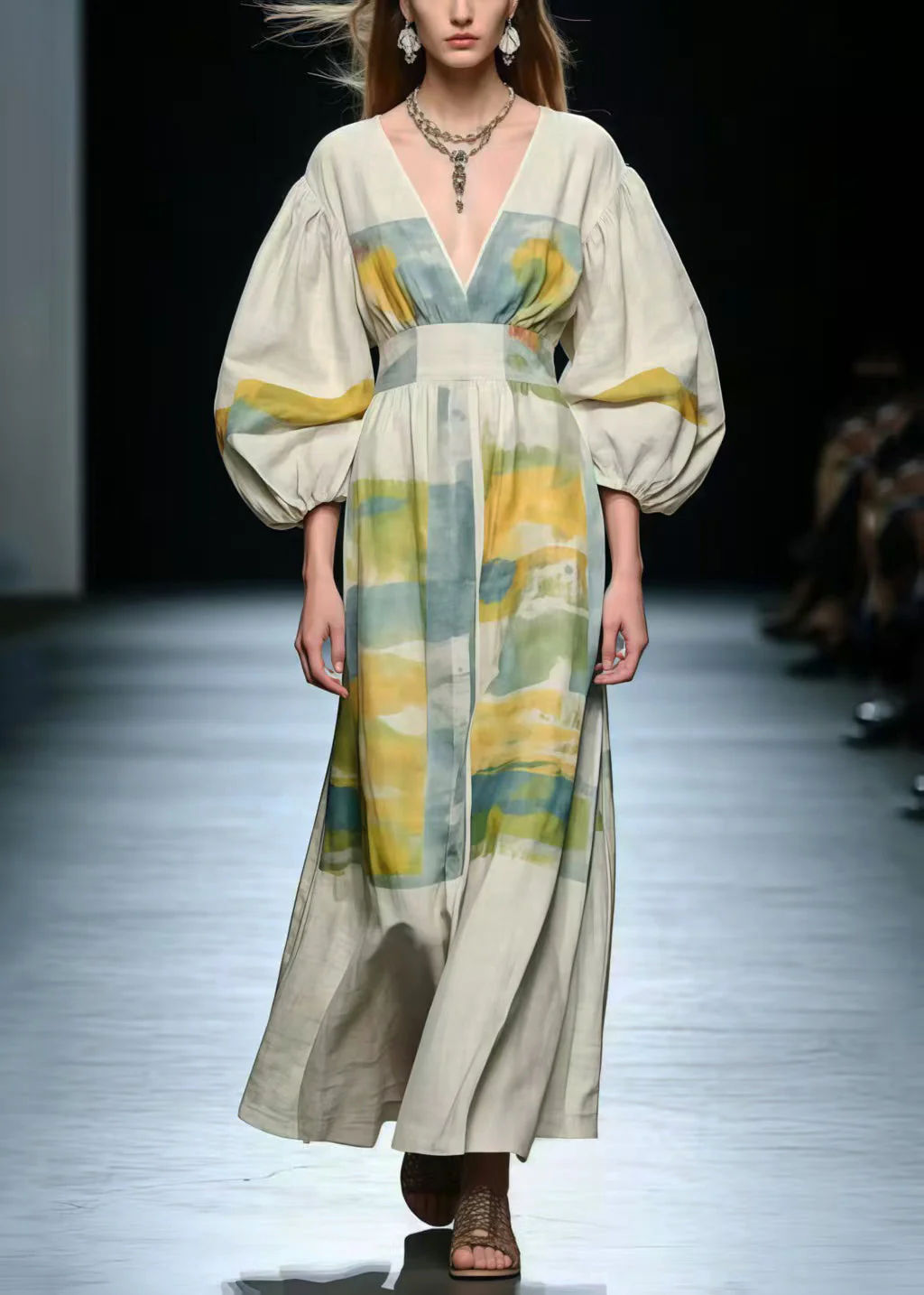 Elegant V Neck Print Cotton Long Dress Lantern Sleeve - Image 5