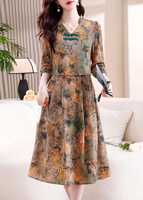 Elegant V Neck Print False Two Pieces Cotton Dress Fall - Image 2