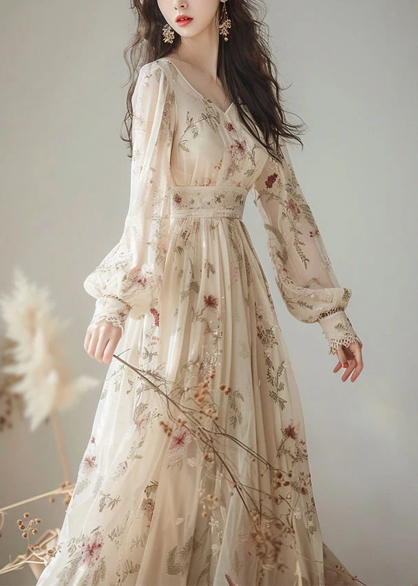 Elegant V Neck Print High Waist Chiffon Dress Long Sleeve - Image 2