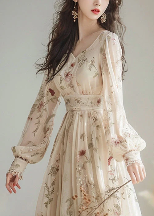 Elegant V Neck Print High Waist Chiffon Dress Long Sleeve - Image 3