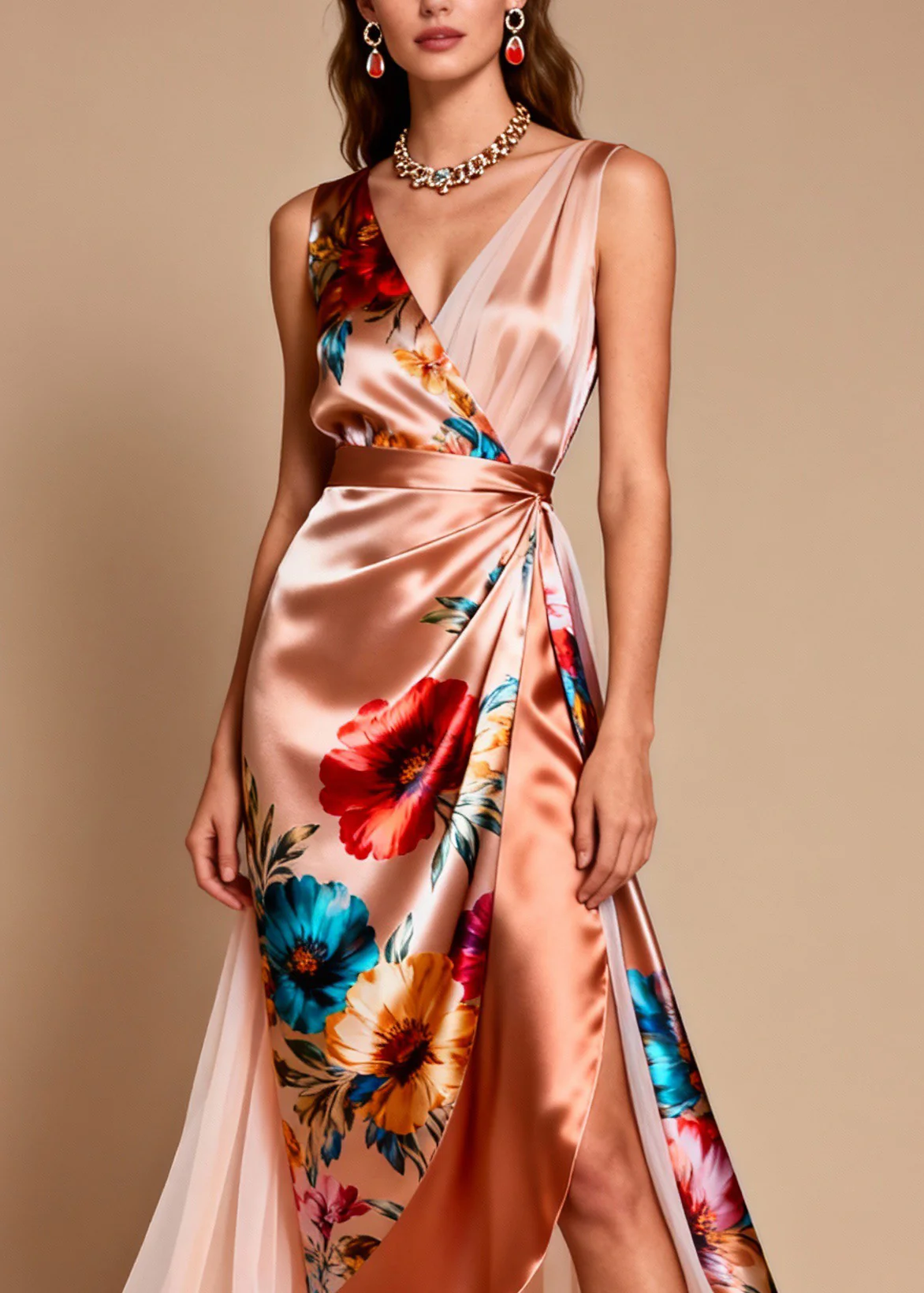 Elegant V Neck Print Patchwork Silk Dress Sleeveless - Image 2