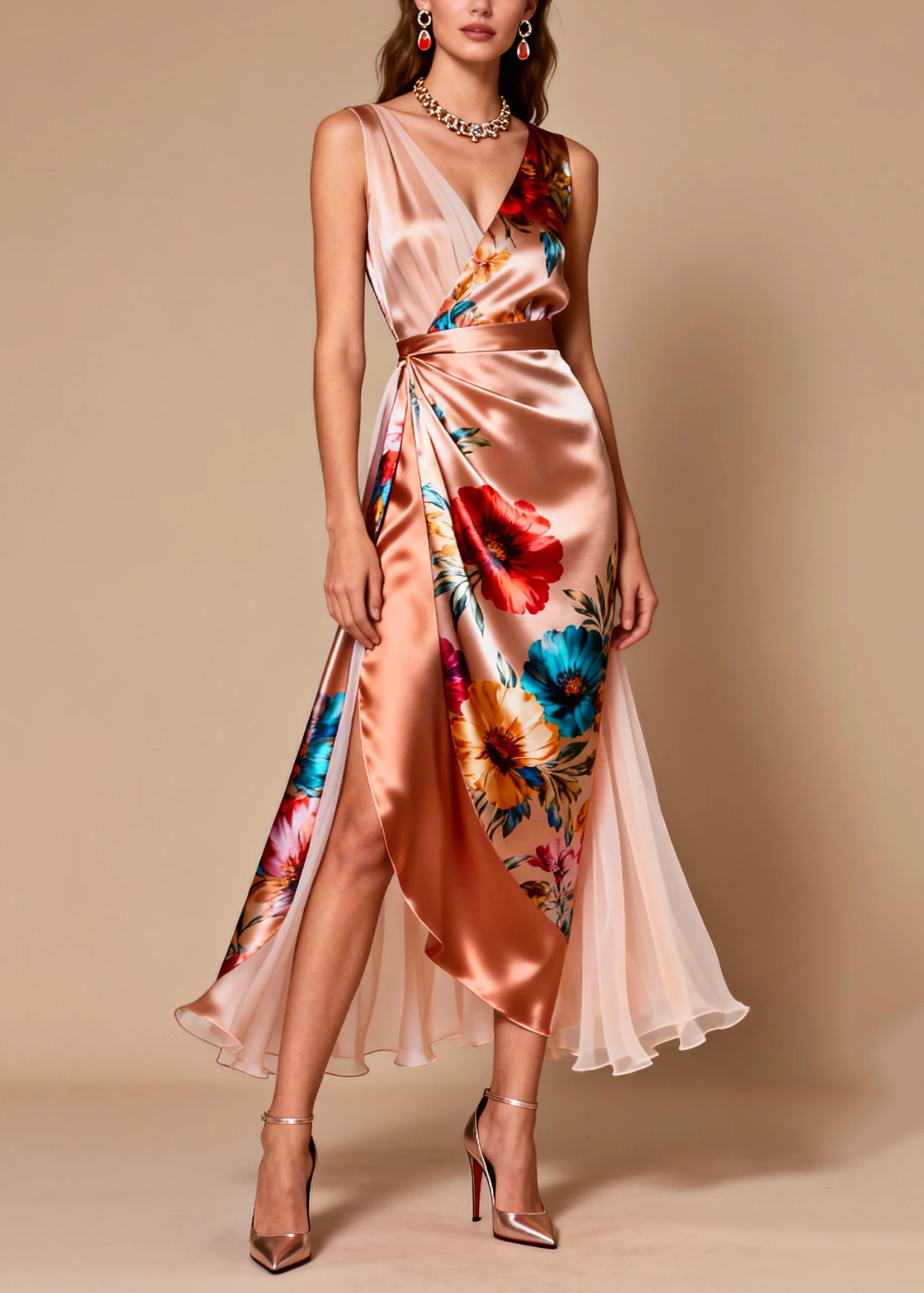 Elegant V Neck Print Patchwork Silk Dress Sleeveless - Image 3