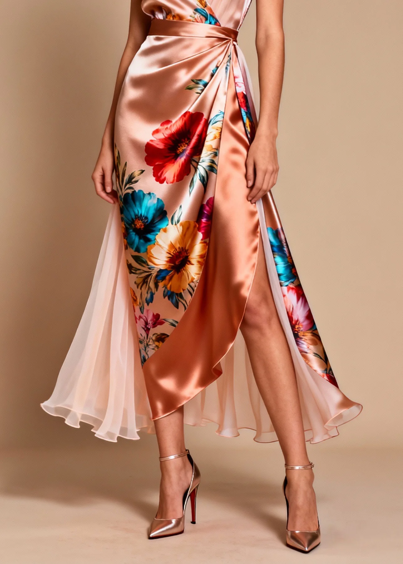 Elegant V Neck Print Patchwork Silk Dress Sleeveless - Image 4