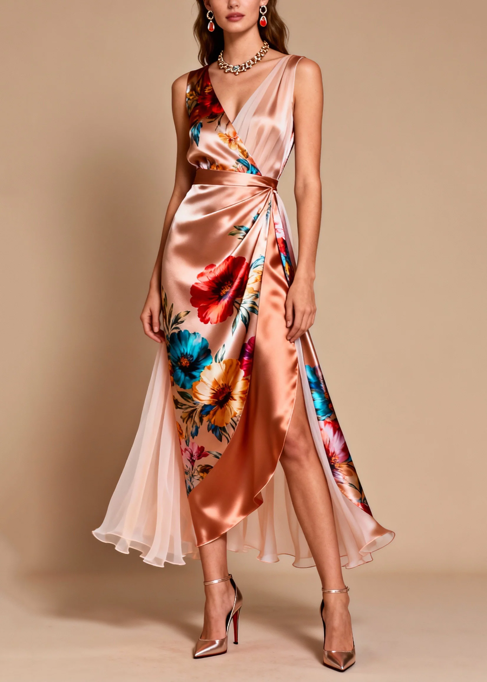 Elegant V Neck Print Patchwork Silk Dress Sleeveless - Image 5