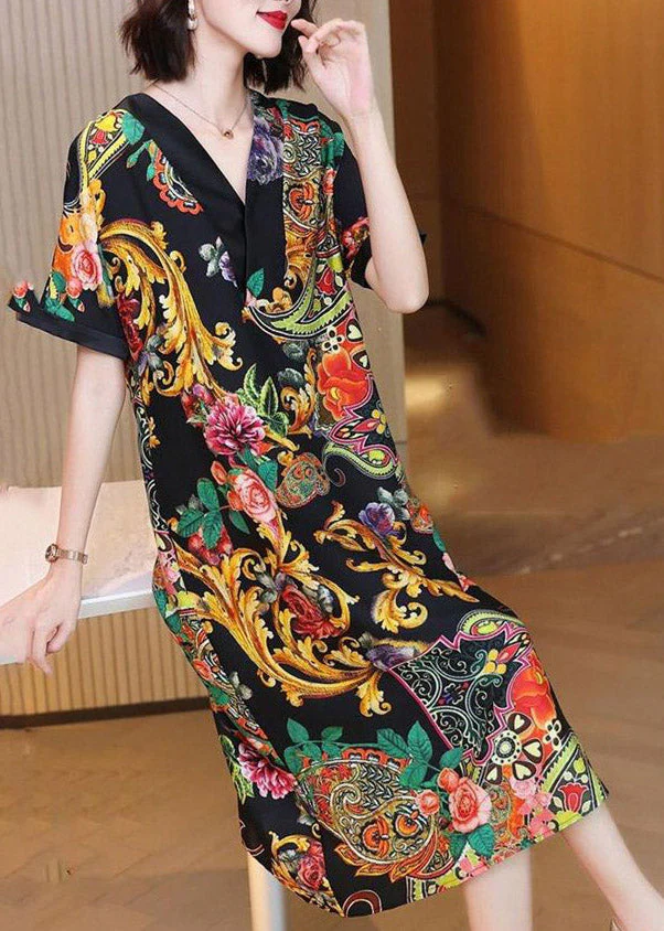 Elegant V Neck Print Silk Party Dress Short Sleeve - Image 2