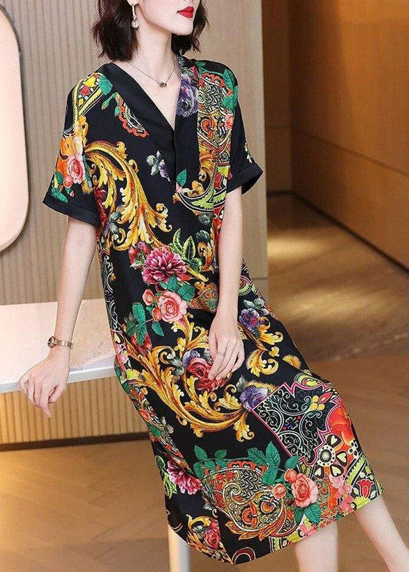Elegant V Neck Print Silk Party Dress Short Sleeve - Image 3
