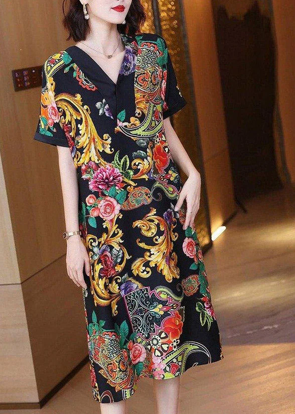 Elegant V Neck Print Silk Party Dress Short Sleeve - Image 4