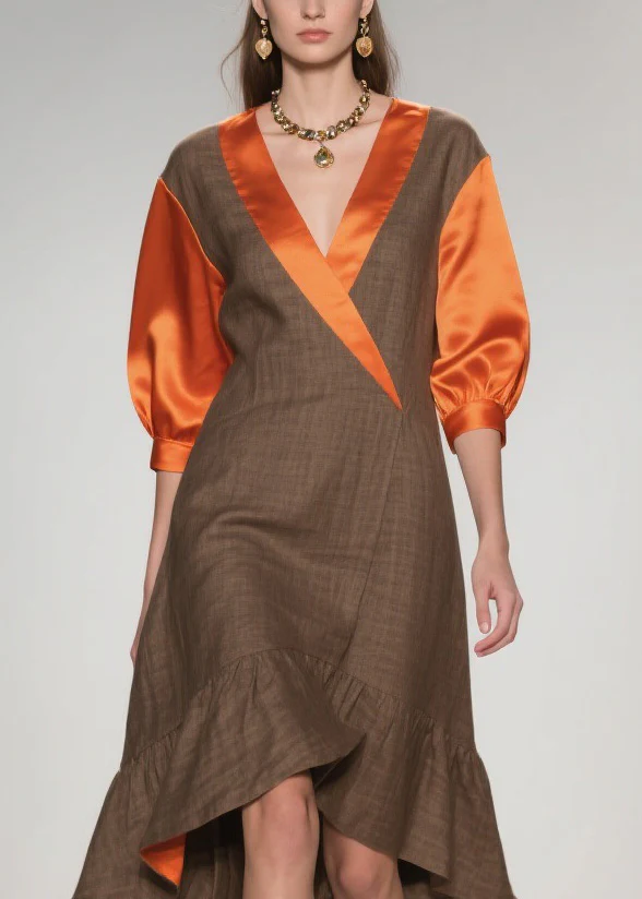 Elegant V Neck Ruffled Silk Patchwork Cotton Dresses Summer - Image 2