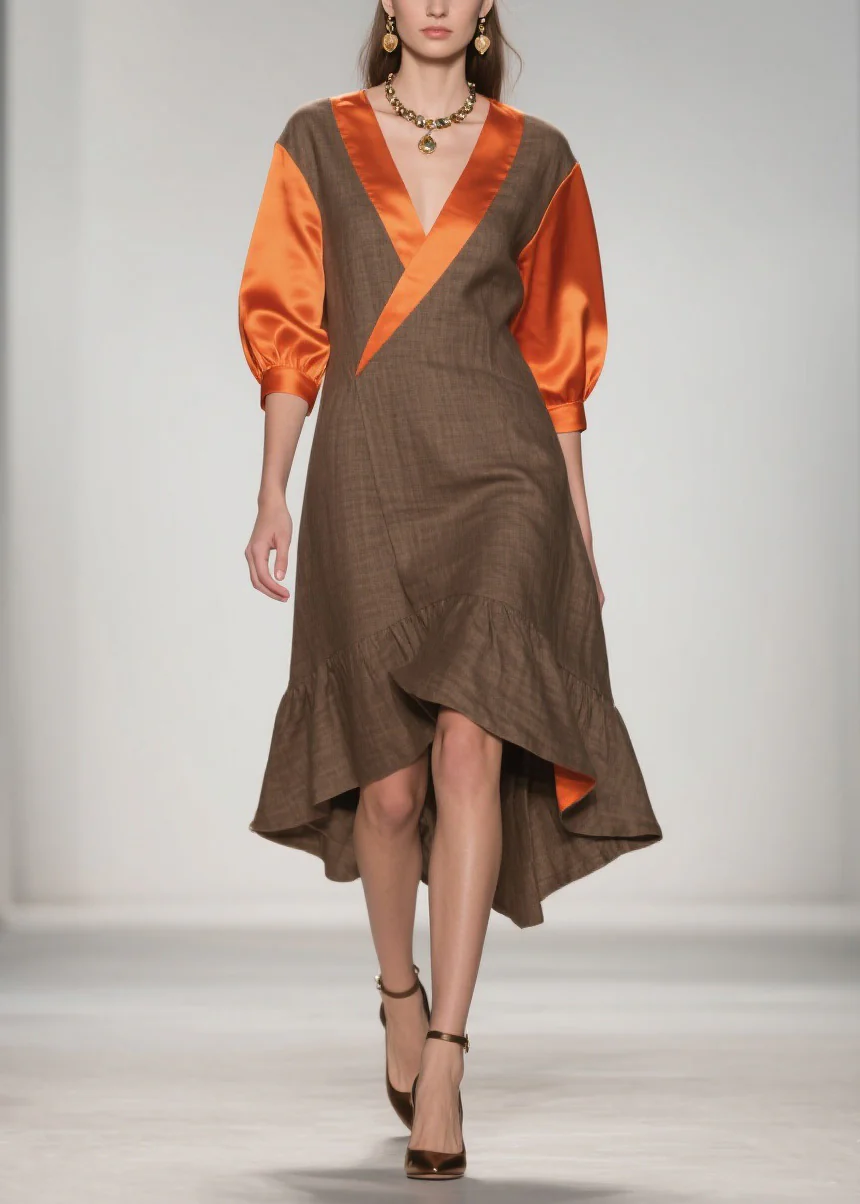 Elegant V Neck Ruffled Silk Patchwork Cotton Dresses Summer - Image 3