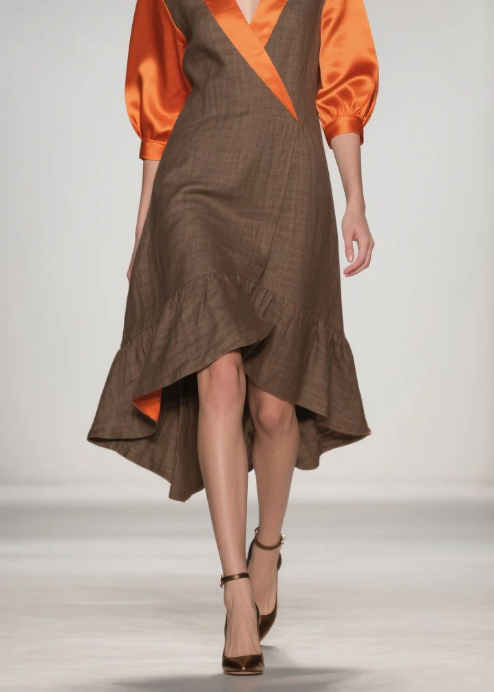 Elegant V Neck Ruffled Silk Patchwork Cotton Dresses Summer - Image 4