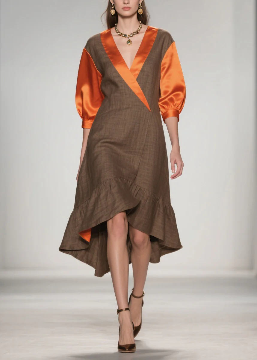 Elegant V Neck Ruffled Silk Patchwork Cotton Dresses Summer - Image 5