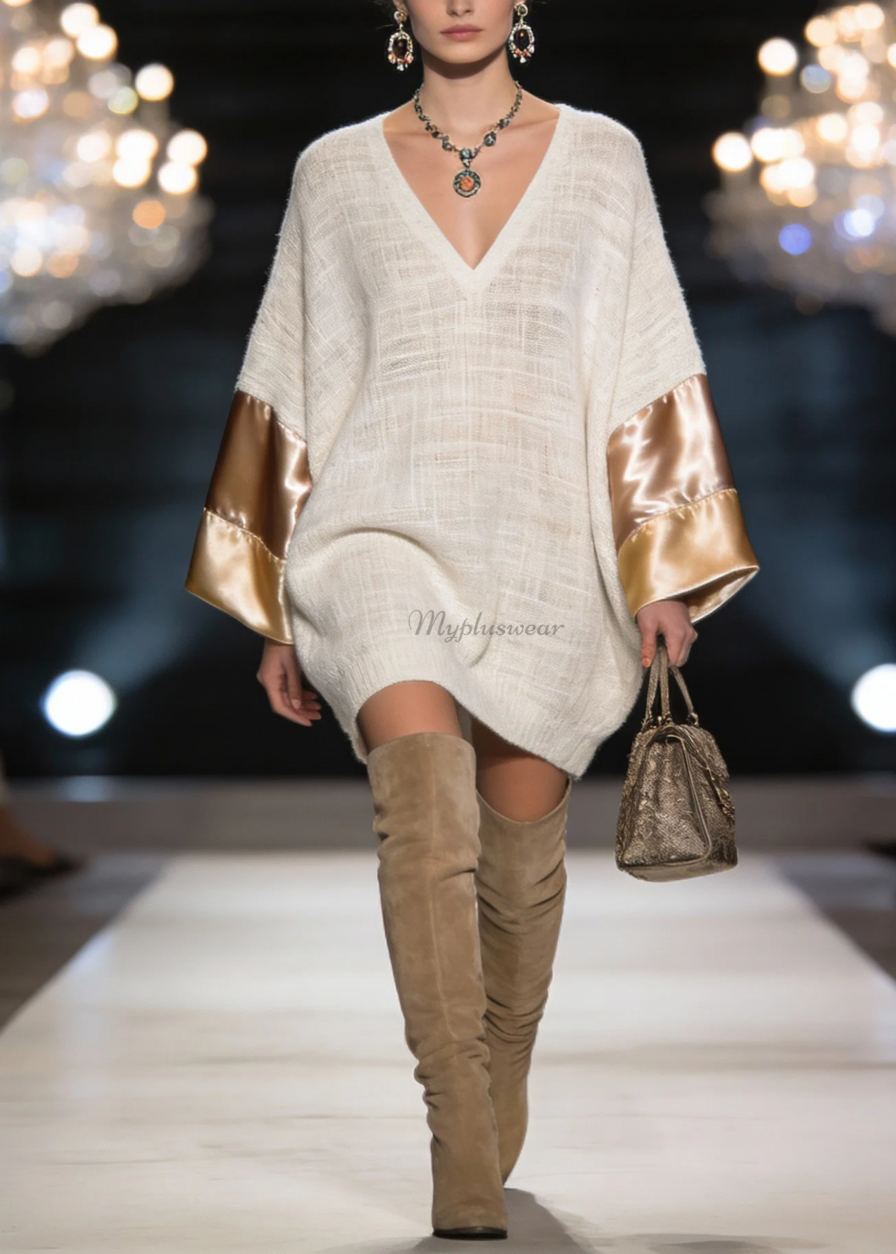 Elegant V Neck Silk Patchwork Linen Mid Dress Spring