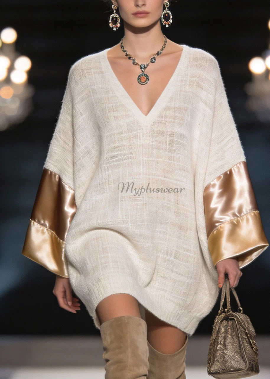 Elegant V Neck Silk Patchwork Linen Mid Dress Spring - Image 2