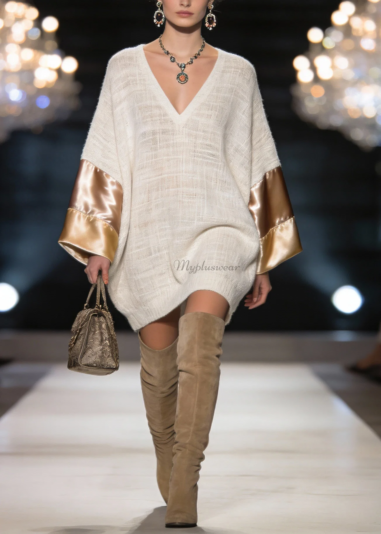 Elegant V Neck Silk Patchwork Linen Mid Dress Spring - Image 3
