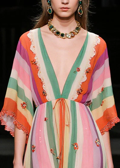 Elegant V Neck Striped Chiffon Vacation Dress Half Sleeve - Image 2