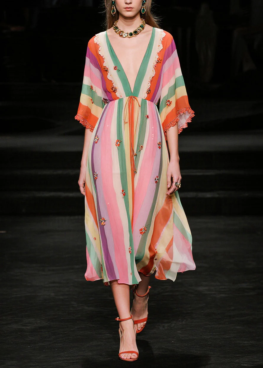 Elegant V Neck Striped Chiffon Vacation Dress Half Sleeve - Image 3