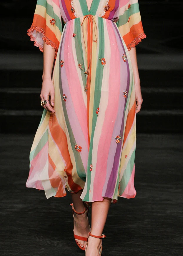 Elegant V Neck Striped Chiffon Vacation Dress Half Sleeve - Image 4