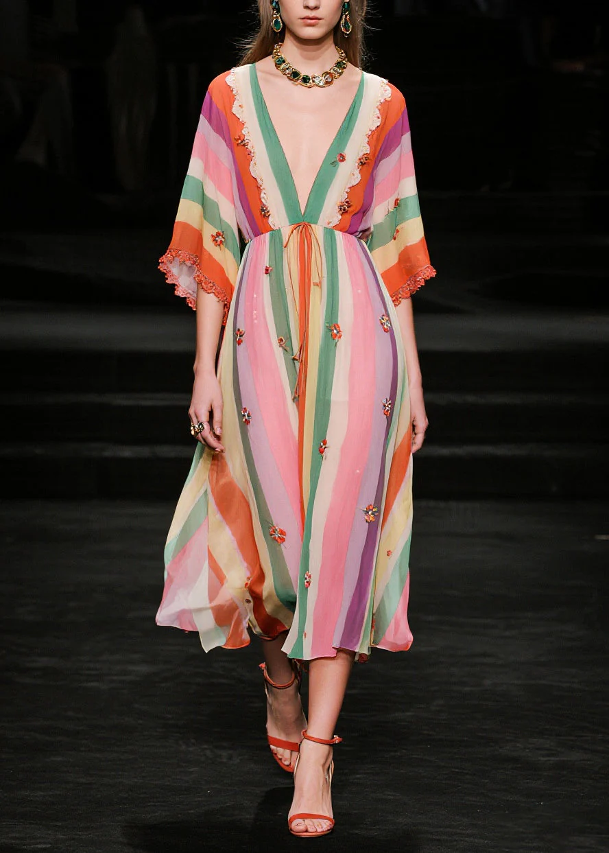 Elegant V Neck Striped Chiffon Vacation Dress Half Sleeve - Image 5