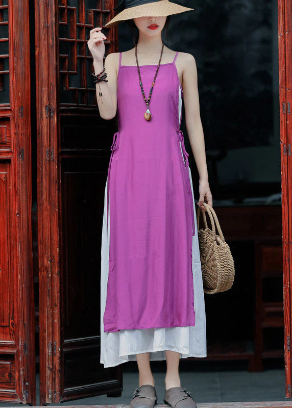 Elegant Violet Tie Waist Cotton Fake Two Piece Spaghetti Strap Dress Summer - Image 2