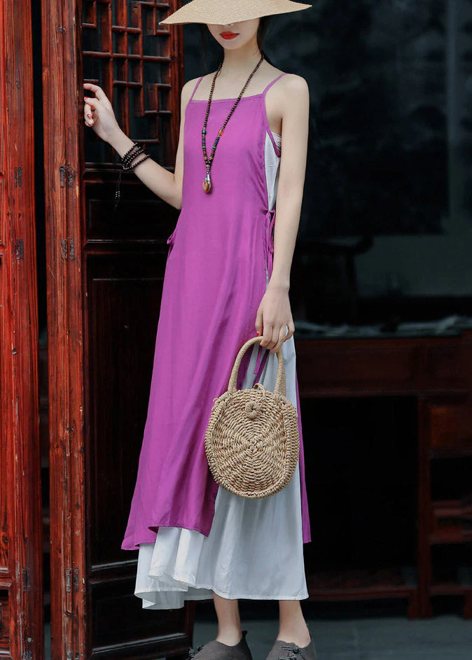 Elegant Violet Tie Waist Cotton Fake Two Piece Spaghetti Strap Dress Summer - Image 3