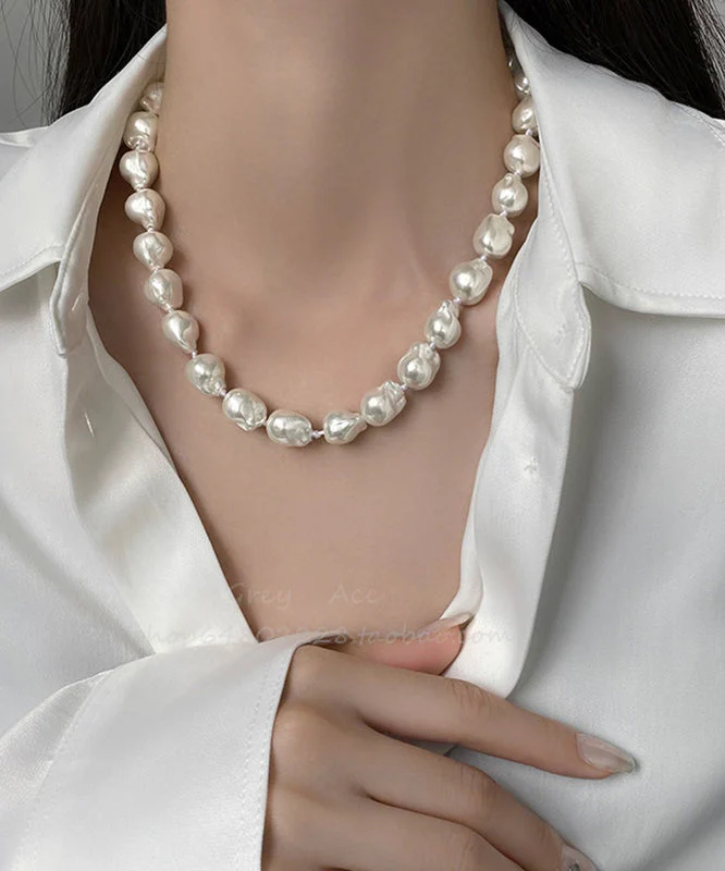 Elegant White Alloy Asymmetrical Pearl Gratuated Bead Necklace - Image 2