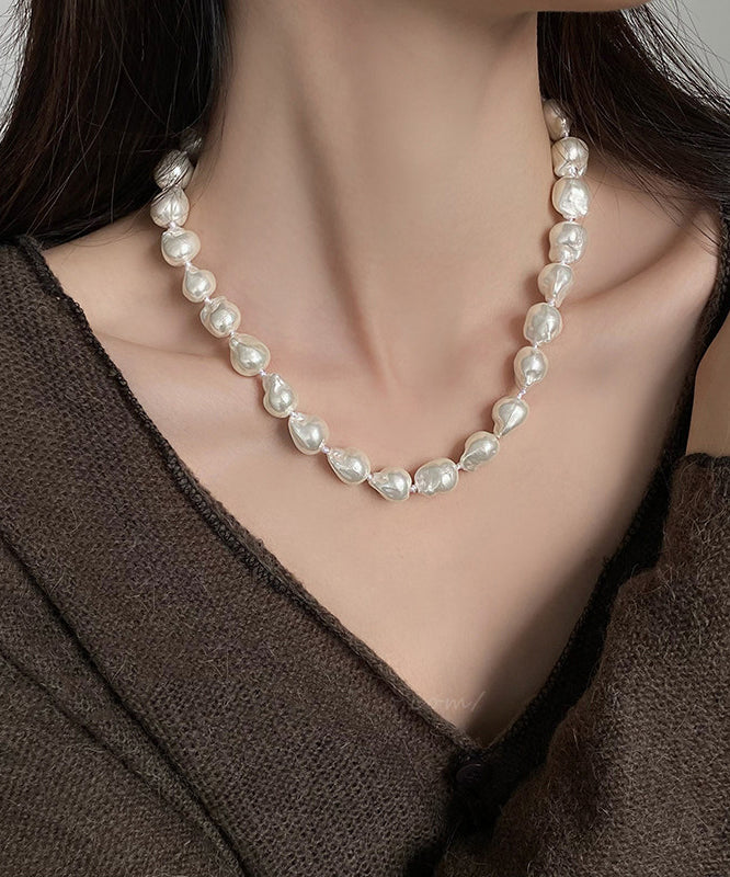 Elegant White Alloy Asymmetrical Pearl Gratuated Bead Necklace - Image 3