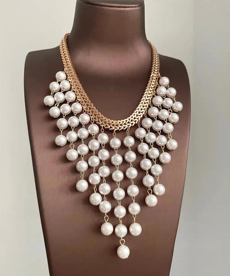 Elegant White Alloy Chain Grapes Pearl Tassel Pendant Necklace - Image 3