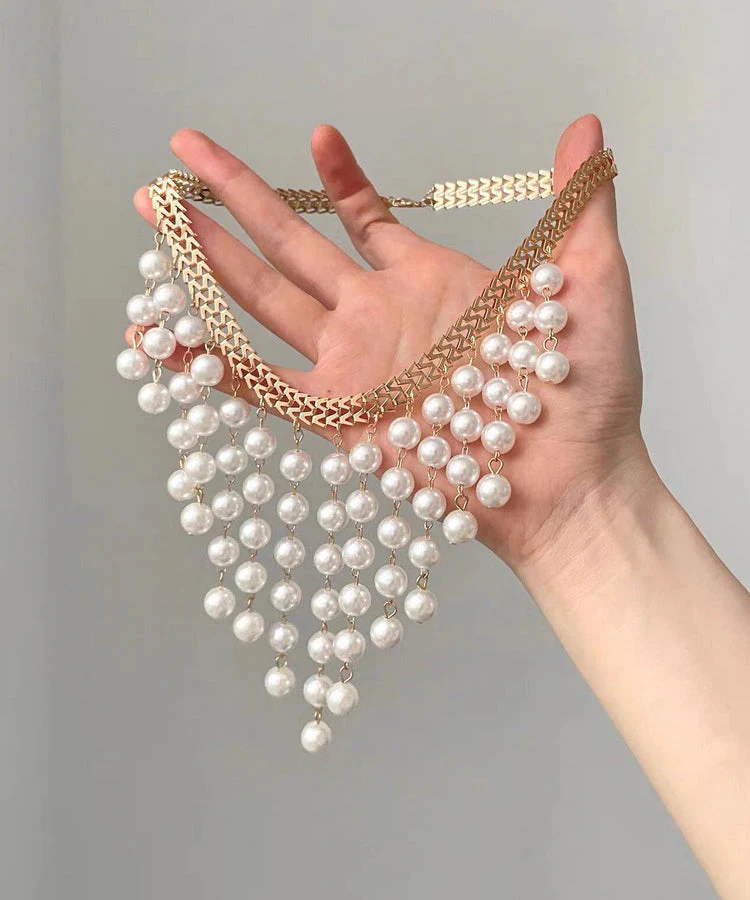Elegant White Alloy Chain Grapes Pearl Tassel Pendant Necklace - Image 4