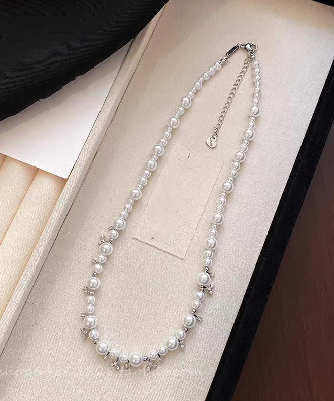 Elegant White Alloy Zircon Pearl Beading Gratuated Bead Necklace - Image 4