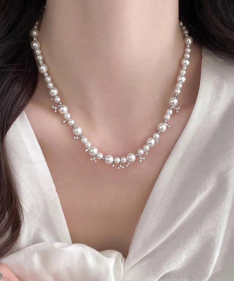 Elegant White Alloy Zircon Pearl Beading Gratuated Bead Necklace - Image 5