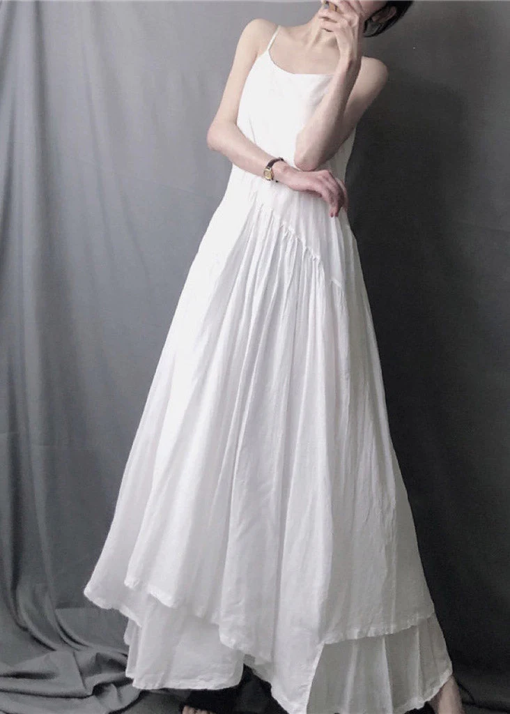 Elegant White Asymmetrical Layered Wrinkled Spaghetti Strap Long Dress Sleeveless - Image 2