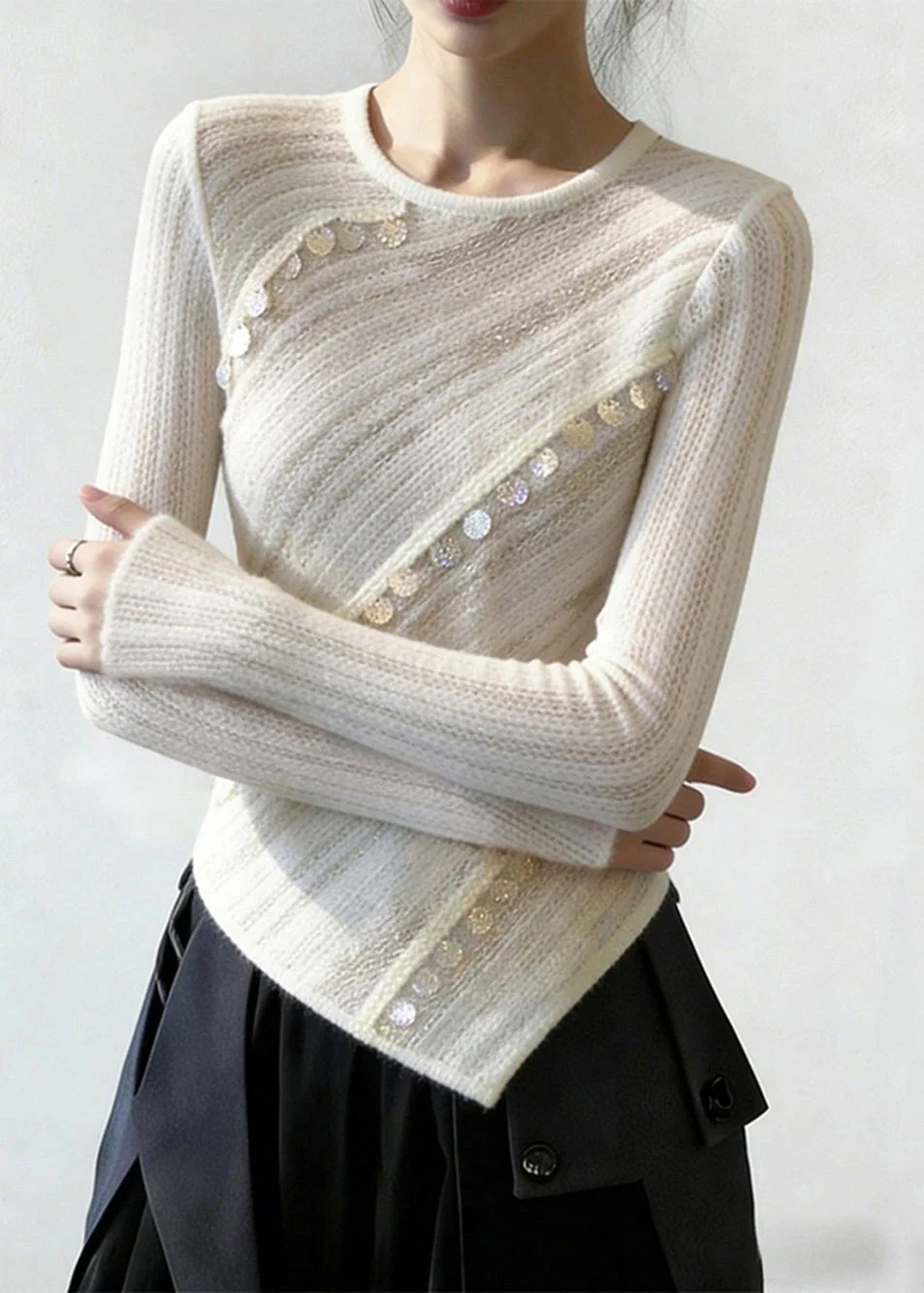Elegant White Asymmetrical Sequins Patchwork Thin Knit Top Spring - Image 2
